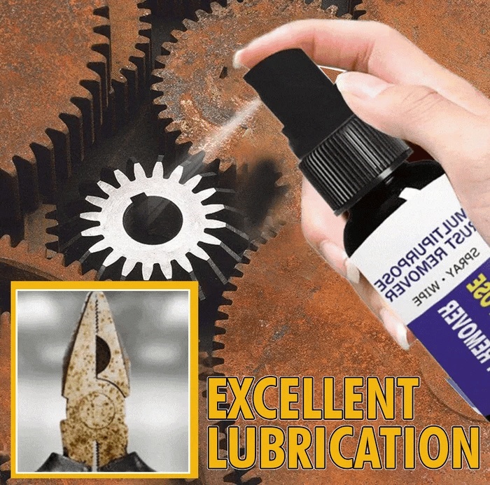 Rust remover spray applied to gears and hand tools